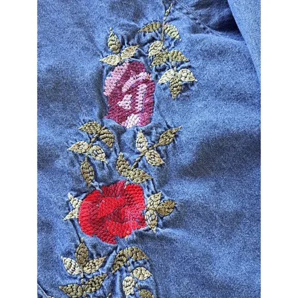 Vtg Bill Blass Womens 3X Embroidered Denim Shirt Button-Up Cotton Floral Boho - Picture 3 of 9